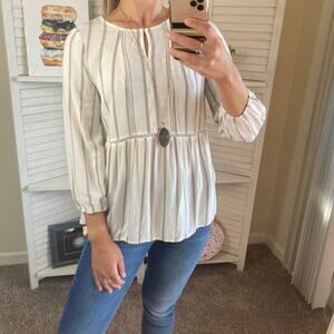 Fever white and tan striped boho peasant blouse 3/4 sleevess